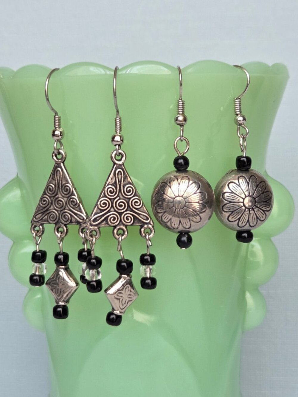 2 Pair - Silver & Black Earrings
